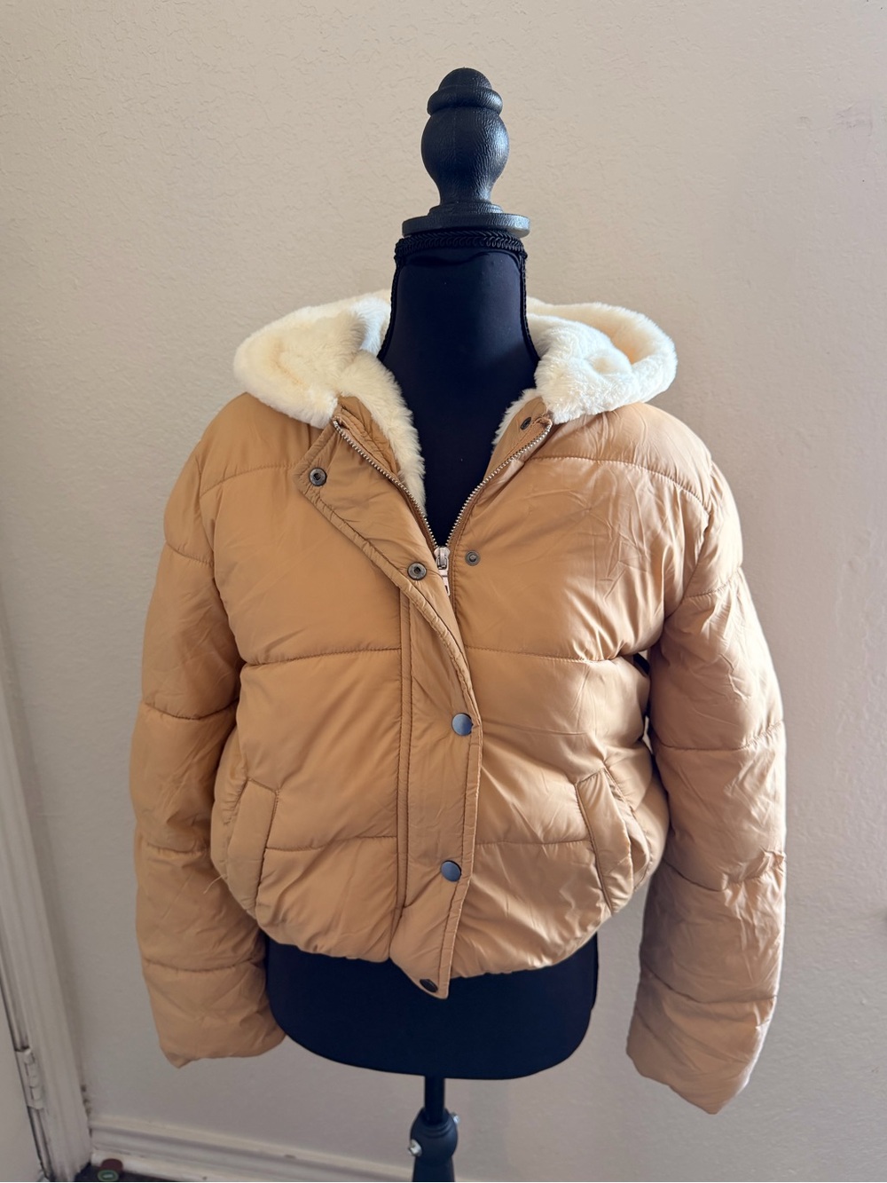 Ambiance Tan Puffer Jacket with Cream Faux Fur Hood